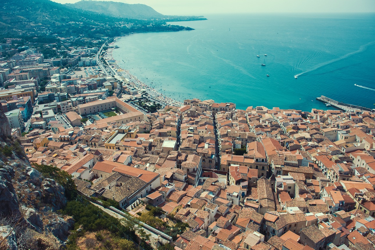 An aerial shot of the Sicilian coast line.