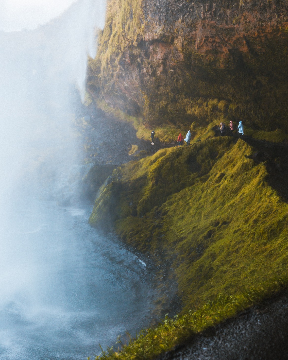 Deep green bluffs next to turquoise sea in a foggy shot of Iceland